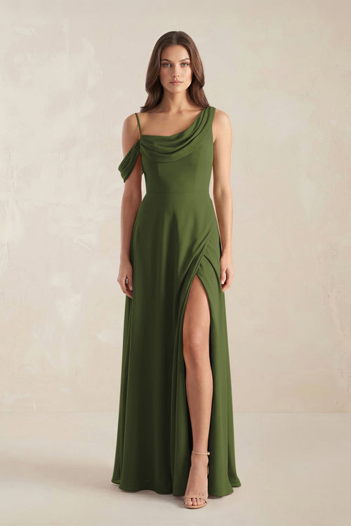 One-Shoulder Chiffon A-Line Bridesmaid Dress in Olive - SHE IS ME BRIDESMAID DRESSES