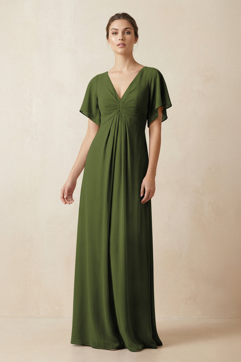 Short Sleeve V-Neck Chiffon A-Line Bridesmaid Dress in Olive - KISS BRIDAL BRIDESMAID DRESSES