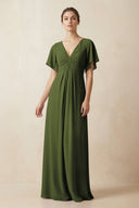 Short Sleeve V-Neck Chiffon A-Line Bridesmaid Dress in Olive - SHE IS ME BRIDESMAID DRESSES
