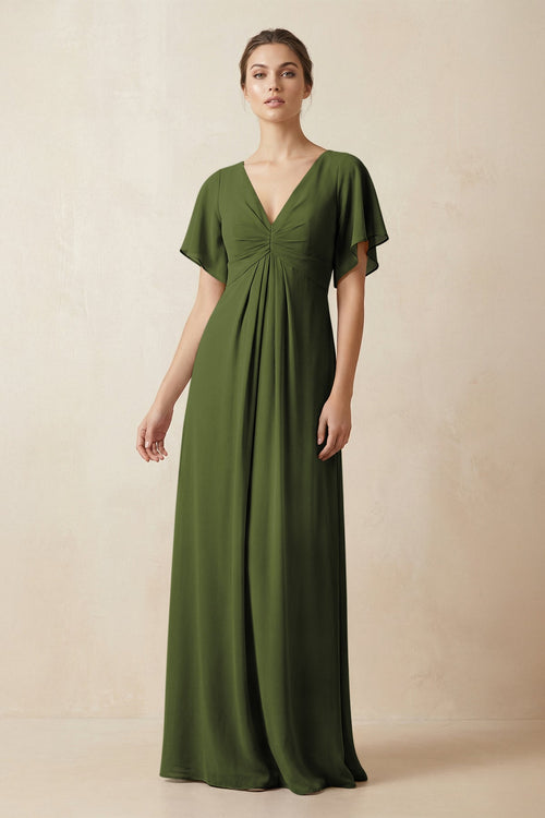 Short Sleeve V-Neck Chiffon A-Line Bridesmaid Dress in Olive - SHE IS ME BRIDESMAID DRESSES