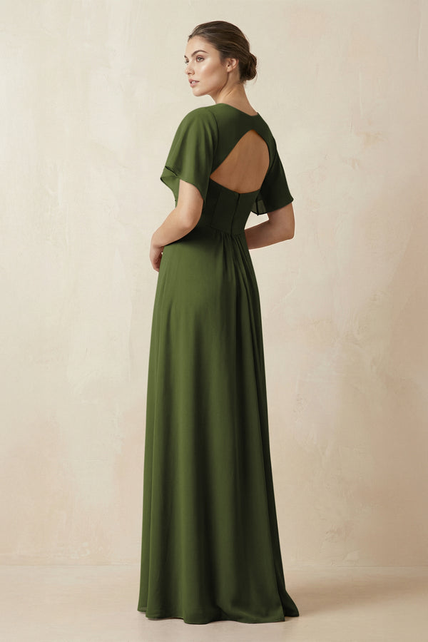 Short Sleeve V-Neck Chiffon A-Line Bridesmaid Dress in Olive - SHE IS ME BRIDESMAID DRESSES