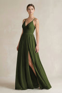 A-Line Spaghetti Strap Chiffon Bridesmaid Dress in Olive - SHE IS ME BRIDESMAID DRESSES