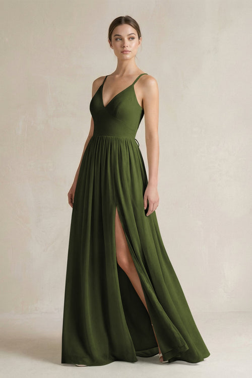 A-Line Spaghetti Strap Chiffon Bridesmaid Dress in Olive - SHE IS ME BRIDESMAID DRESSES