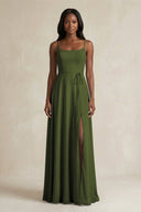 A-Line Spaghetti Straps Chiffon Bridesmaid Dress in Olive - SHE IS ME BRIDESMAID DRESSES