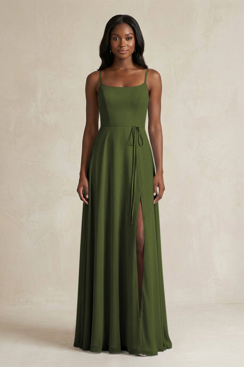 A-Line Spaghetti Straps Chiffon Bridesmaid Dress in Olive - SHE IS ME BRIDESMAID DRESSES