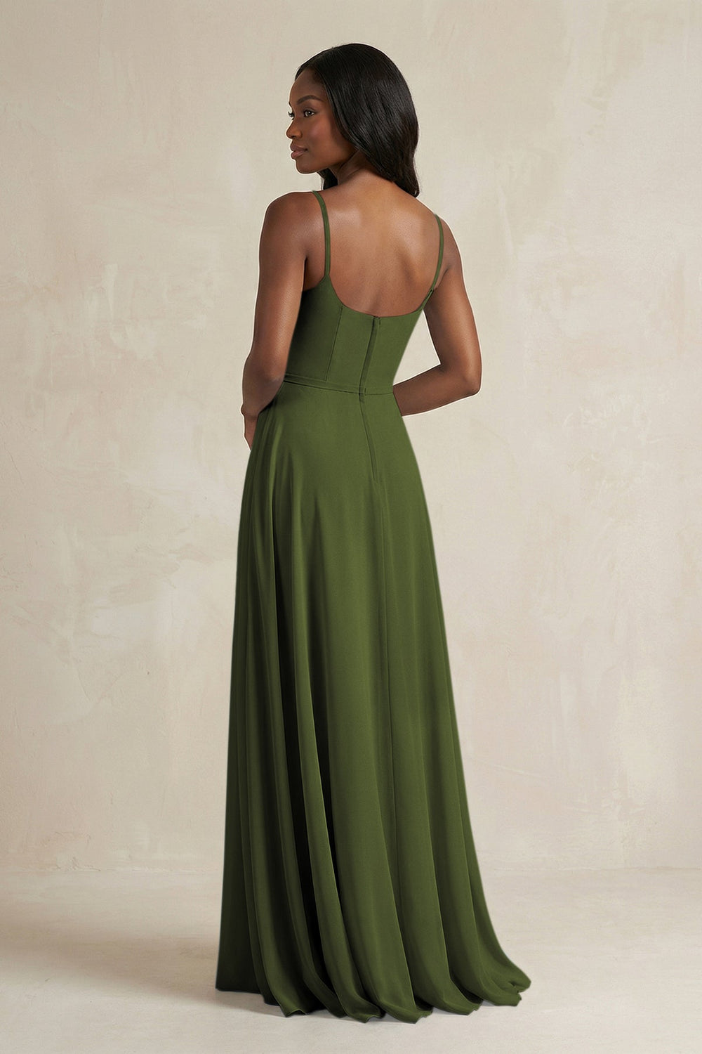 A-Line Spaghetti Straps Chiffon Bridesmaid Dress in Olive - KISS BRIDAL BRIDESMAID DRESSES