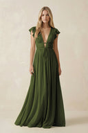 V-Neck A-Line Chiffon Cap Sleeves Bridesmaid Dress in Olive