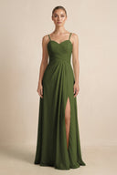 V - Neck A - Line Chiffon Pleated Bridesmaid Dress in Olive - SHE IS ME Bridesmaid Dresses