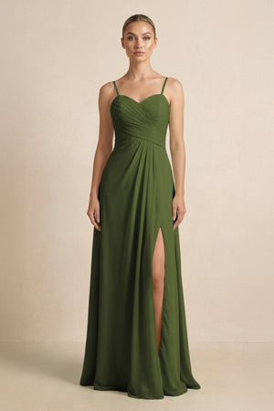 V - Neck A - Line Chiffon Pleated Bridesmaid Dress in Olive - SHE IS ME Bridesmaid Dresses