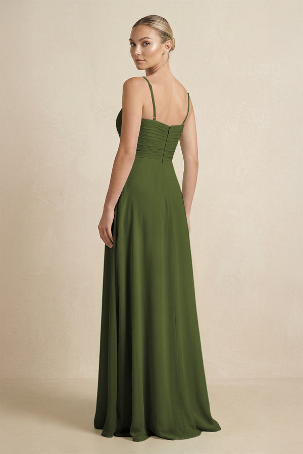 V - Neck A - Line Chiffon Pleated Bridesmaid Dress in Olive - SHE IS ME Bridesmaid Dresses