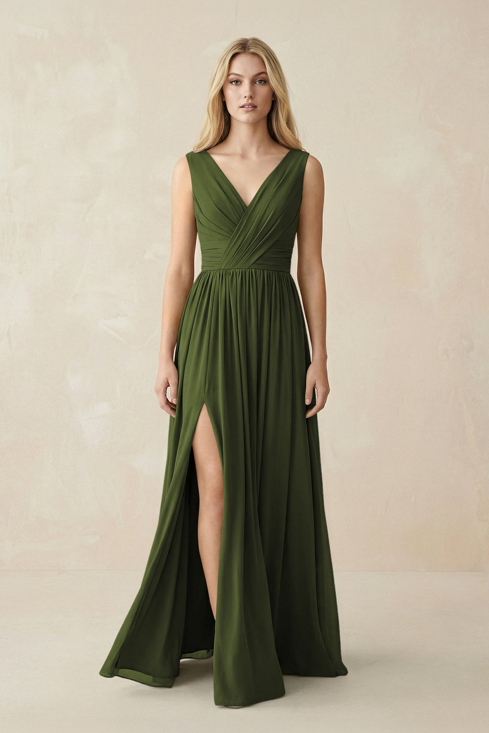 V-Neck Chiffon Pleated A-Line Bridesmaid Dress in Olive - KISS BRIDAL BRIDESMAID DRESSES