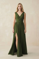 V-Neck Chiffon Pleated A-Line Bridesmaid Dress in Olive - SHE IS ME BRIDESMAID DRESSES