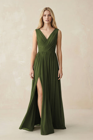V-Neck Chiffon Pleated A-Line Bridesmaid Dress in Olive - SHE IS ME BRIDESMAID DRESSES