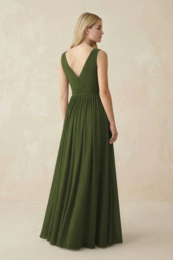 V-Neck Chiffon Pleated A-Line Bridesmaid Dress in Olive - SHE IS ME BRIDESMAID DRESSES