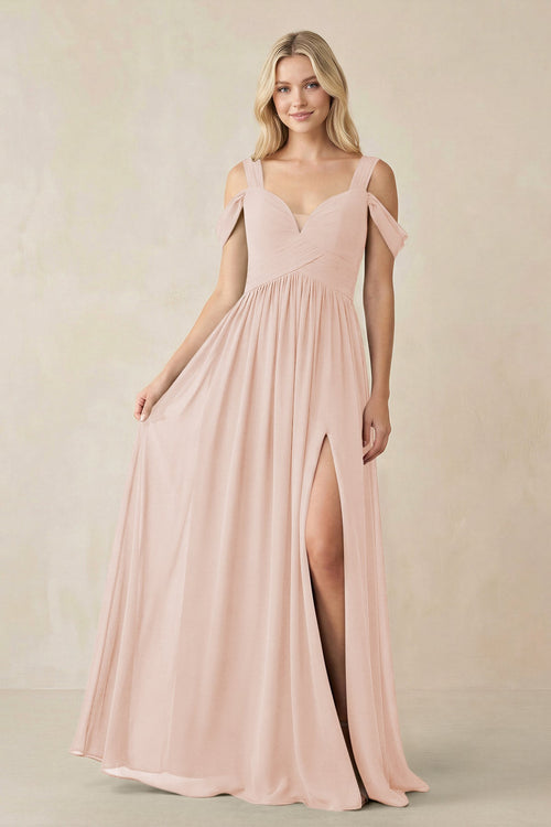 Chiffon A-Line Bridesmaid Dress with Slit  in Pale Blush - SHE IS ME BRIDESMAID DRESSES