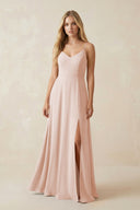 Cami Strap A-Line Chiffon Bridesmaid Dress with Slit in Pale Blush - SHE IS ME BRIDESMAID DRESSES