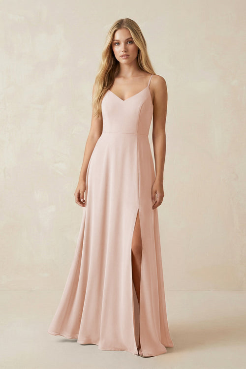 Cami Strap A-Line Chiffon Bridesmaid Dress with Slit in Pale Blush - SHE IS ME BRIDESMAID DRESSES