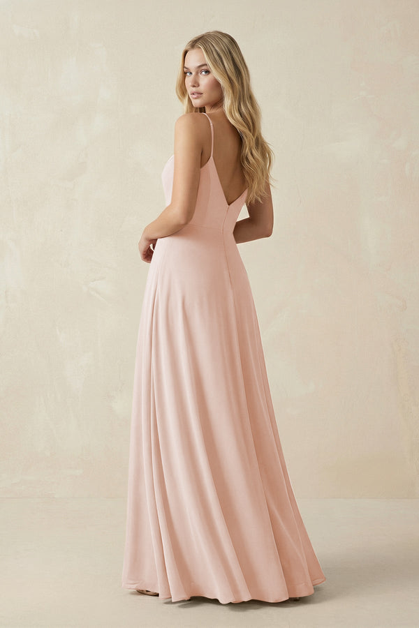 Cami Strap A-Line Chiffon Bridesmaid Dress with Slit in Pale Blush - SHE IS ME BRIDESMAID DRESSES