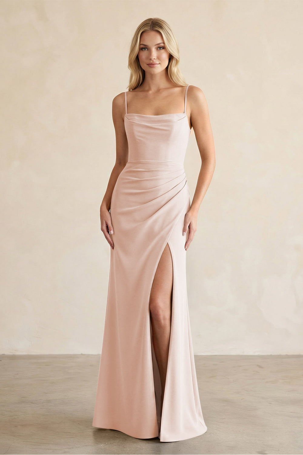 Cami Strap Chiffon Sheath Bridesmaid Dress with Slit in Pale Blush - KISS BRIDAL BRIDESMAID DRESSES