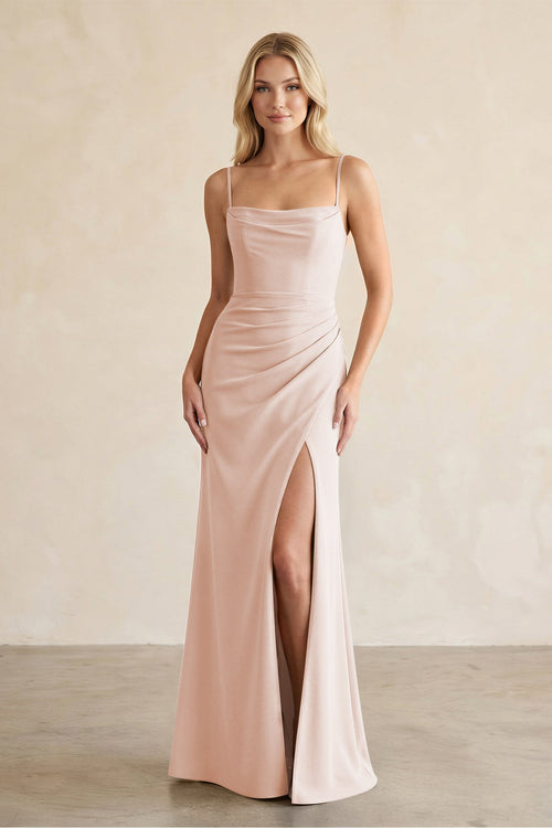 Cami Strap Chiffon Sheath Bridesmaid Dress with Slit in Pale Blush - SHE IS ME BRIDESMAID DRESSES