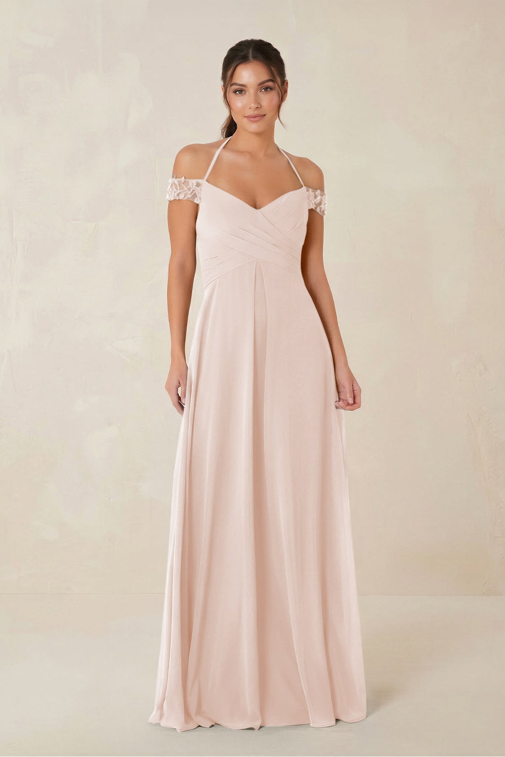 A-Line Off-the-Shoulder Chiffon Bridesmaid Dress in Pale Blush - KISS BRIDAL BRIDESMAID DRESSES