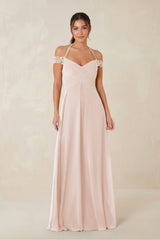A-Line Off-the-Shoulder Chiffon Bridesmaid Dress in Pale Blush - KISS BRIDAL BRIDESMAID DRESSES