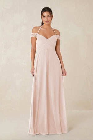 A-Line Off-the-Shoulder Chiffon Bridesmaid Dress in Pale Blush - KISS BRIDAL BRIDESMAID DRESSES