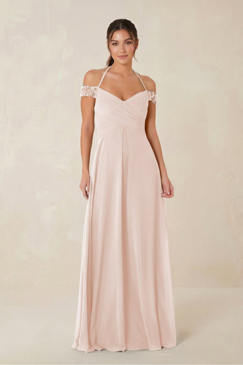 A-Line Off-the-Shoulder Chiffon Bridesmaid Dress in Pale Blush - KISS BRIDAL BRIDESMAID DRESSES