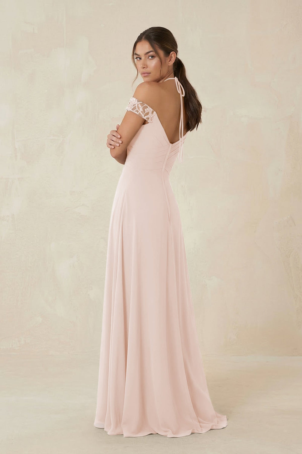 A-Line Off-the-Shoulder Chiffon Bridesmaid Dress in Pale Blush - KISS BRIDAL BRIDESMAID DRESSES