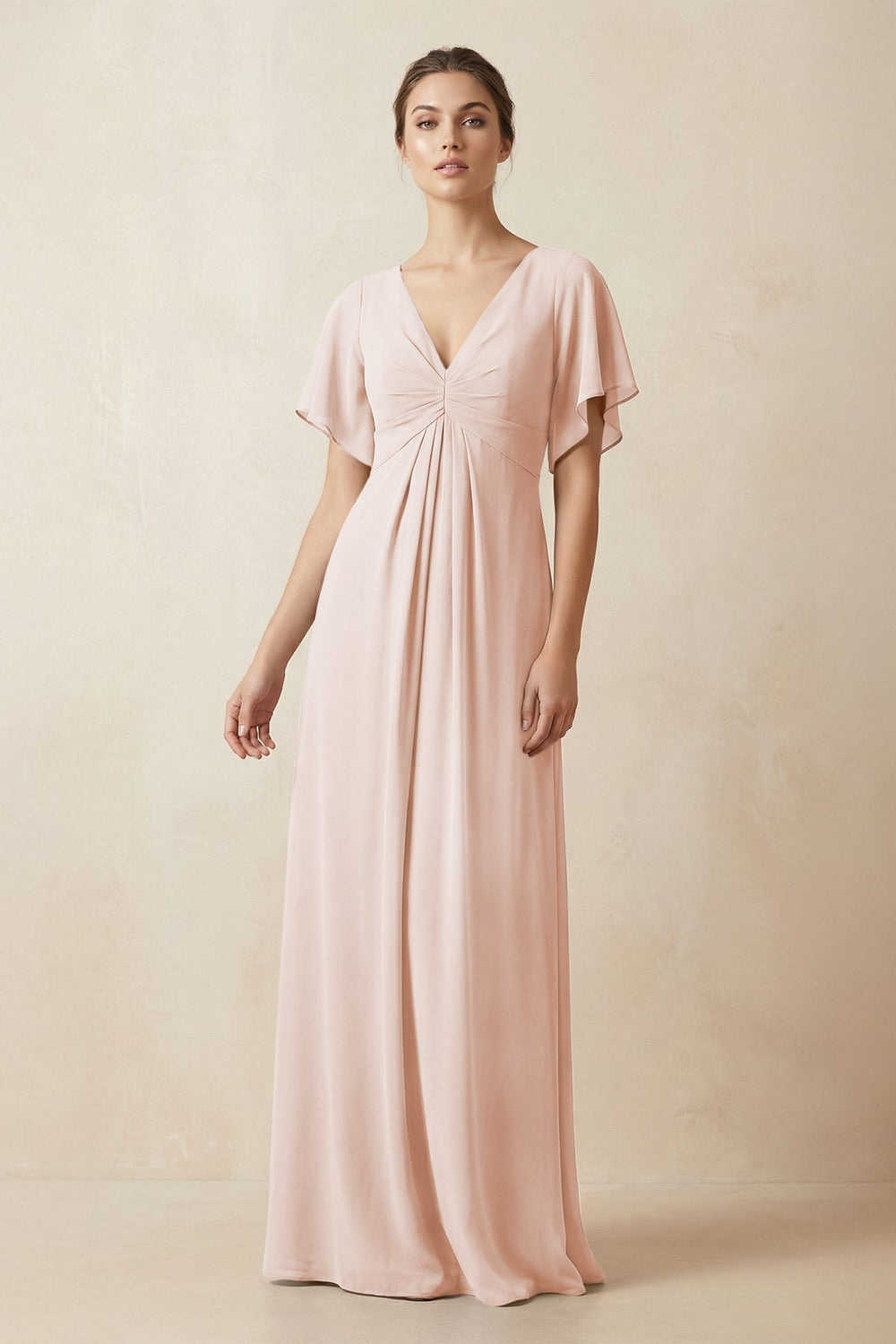 Short Sleeve V-Neck Chiffon A-Line Bridesmaid Dress in Pale Blush - KISS BRIDAL BRIDESMAID DRESSES