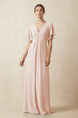 Short Sleeve V-Neck Chiffon A-Line Bridesmaid Dress in Pale Blush - KISS BRIDAL BRIDESMAID DRESSES