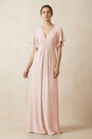 Short Sleeve V-Neck Chiffon A-Line Bridesmaid Dress in Pale Blush - SHE IS ME BRIDESMAID DRESSES