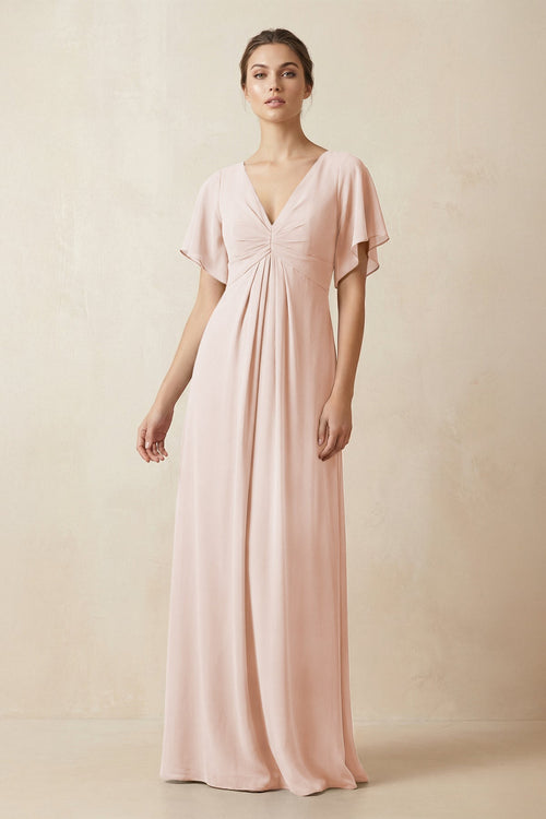 Short Sleeve V-Neck Chiffon A-Line Bridesmaid Dress in Pale Blush - SHE IS ME BRIDESMAID DRESSES