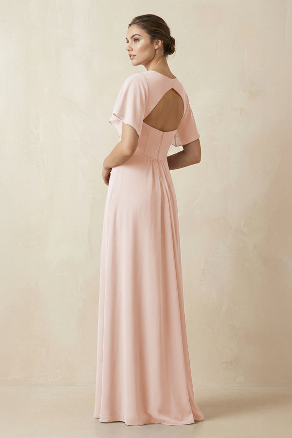 Short Sleeve V-Neck Chiffon A-Line Bridesmaid Dress in Pale Blush - SHE IS ME BRIDESMAID DRESSES