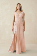 V-Neck Chiffon Pleated A-Line Bridesmaid Dress in Pale Blush - SHE IS ME BRIDESMAID DRESSES