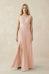 V-Neck Chiffon Pleated A-Line Bridesmaid Dress in Pale Blush - KISS BRIDAL BRIDESMAID DRESSES