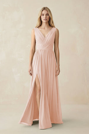V-Neck Chiffon Pleated A-Line Bridesmaid Dress in Pale Blush - SHE IS ME BRIDESMAID DRESSES
