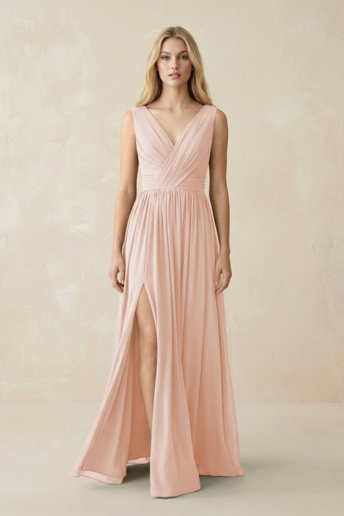 V-Neck Chiffon Pleated A-Line Bridesmaid Dress in Pale Blush - SHE IS ME BRIDESMAID DRESSES