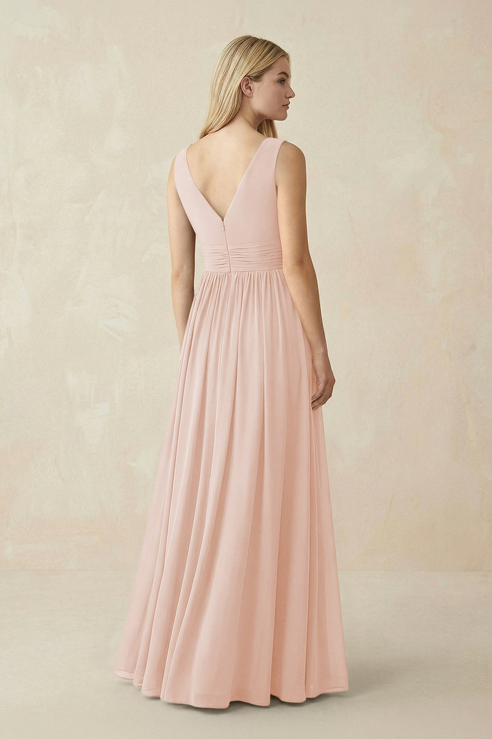 V-Neck Chiffon Pleated A-Line Bridesmaid Dress in Pale Blush - KISS BRIDAL BRIDESMAID DRESSES
