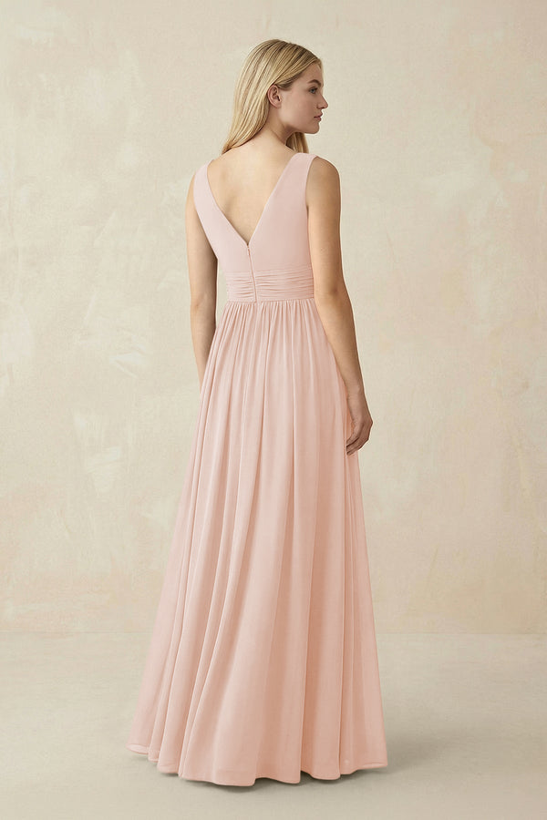 V-Neck Chiffon Pleated A-Line Bridesmaid Dress in Pale Blush - SHE IS ME BRIDESMAID DRESSES