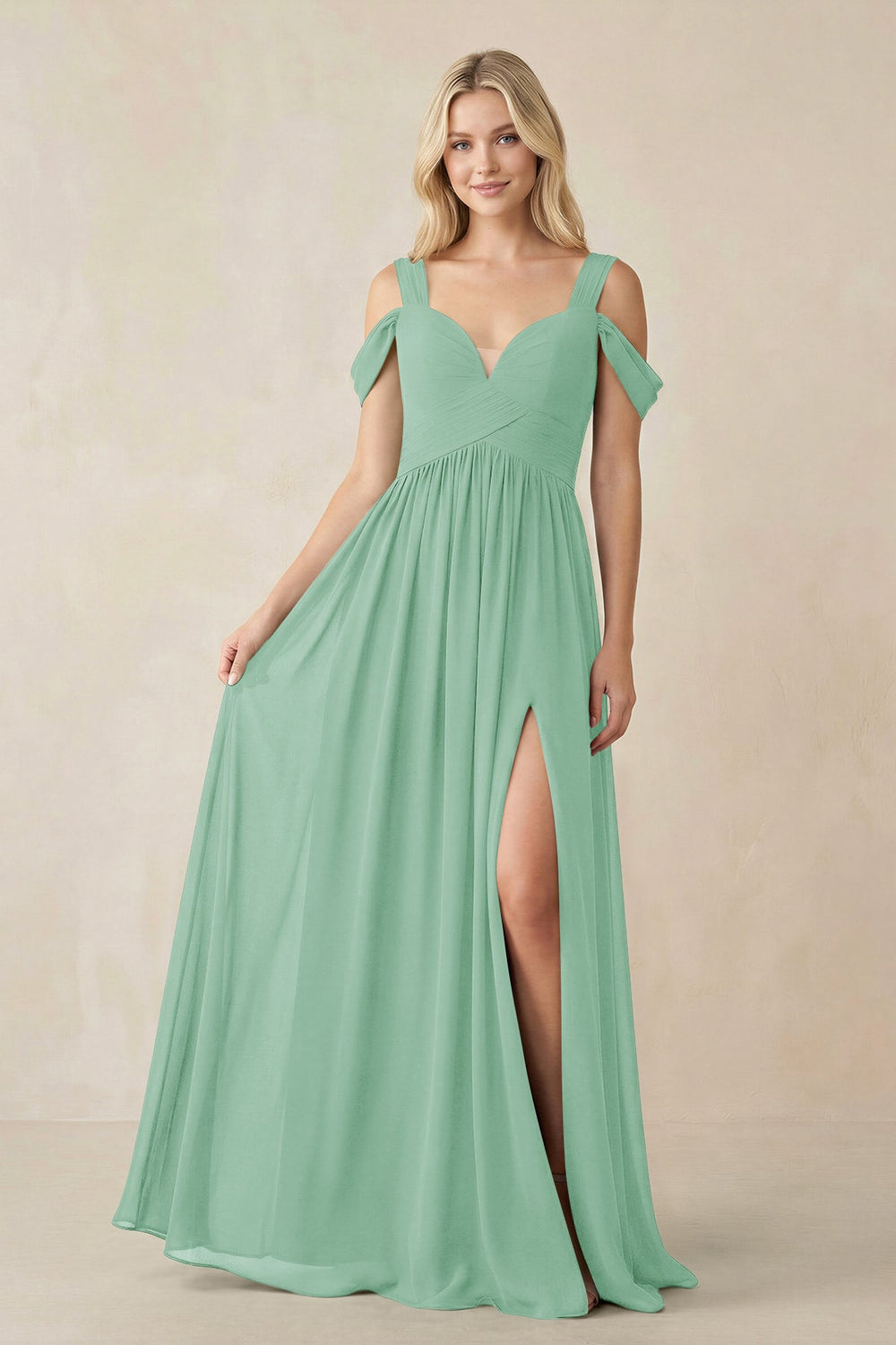 Chiffon A-Line Bridesmaid Dress with Slit  in Pale Pistachio - KISS BRIDAL BRIDESMAID DRESSES