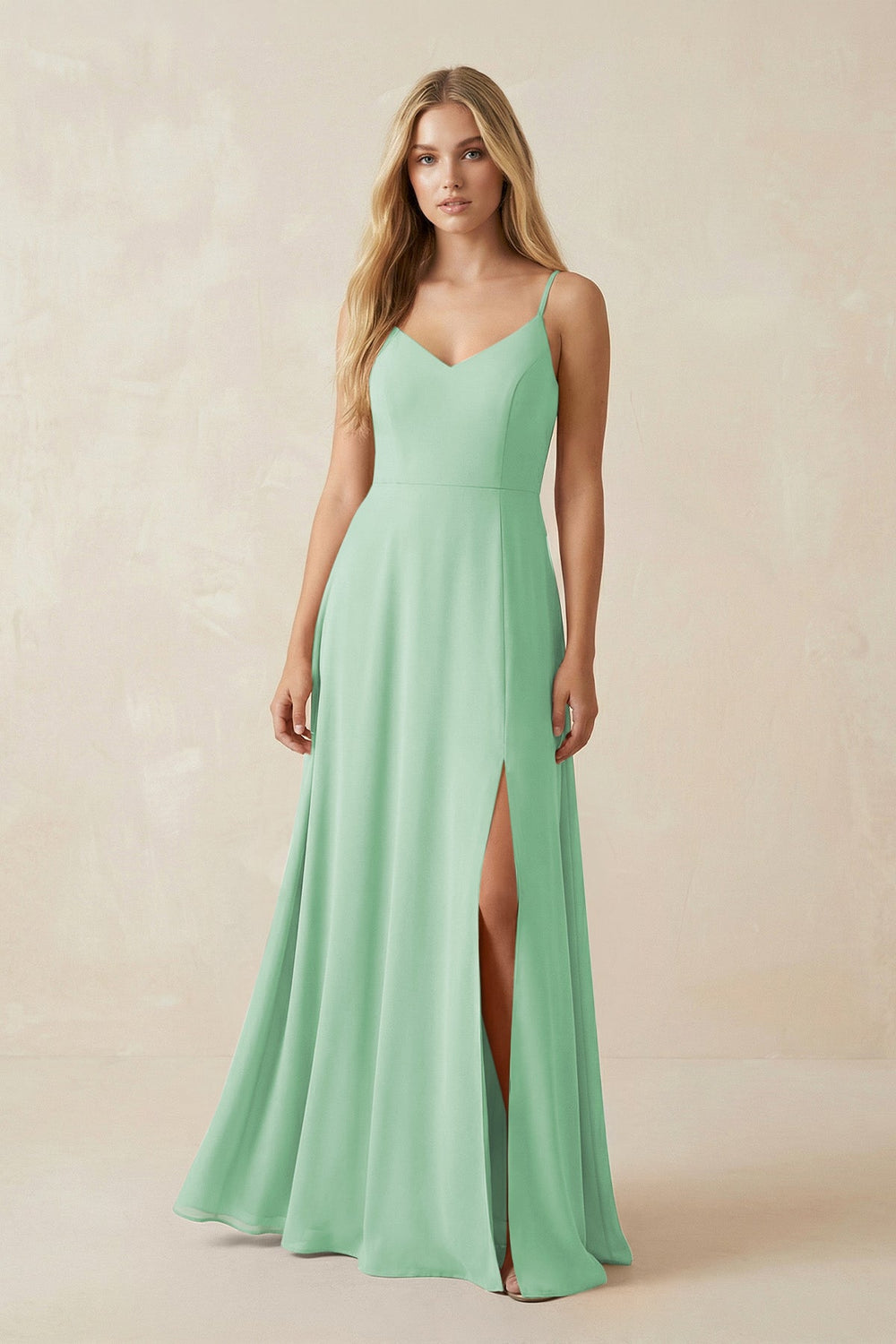 Cami Strap A-Line Chiffon Bridesmaid Dress with Slit in Pale Pistachio - KISS BRIDAL BRIDESMAID DRESSES