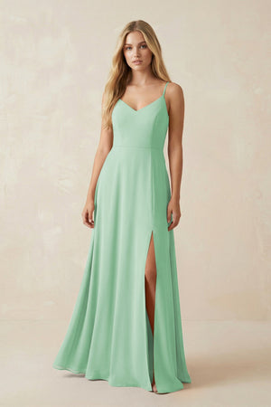 Cami Strap A-Line Chiffon Bridesmaid Dress with Slit in Pale Pistachio - SHE IS ME BRIDESMAID DRESSES