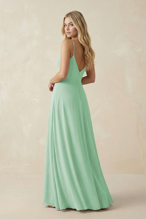 Cami Strap A-Line Chiffon Bridesmaid Dress with Slit in Pale Pistachio - SHE IS ME BRIDESMAID DRESSES