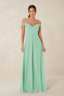 A-Line Off-the-Shoulder Chiffon Bridesmaid Dress in Pale Pistachio - KISS BRIDAL BRIDESMAID DRESSES