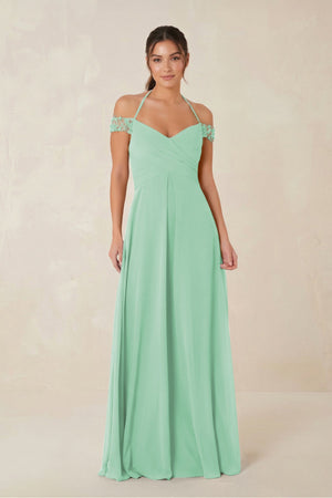 A-Line Off-the-Shoulder Chiffon Bridesmaid Dress in Pale Pistachio - KISS BRIDAL BRIDESMAID DRESSES