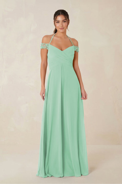 A-Line Off-the-Shoulder Chiffon Bridesmaid Dress in Pale Pistachio - KISS BRIDAL BRIDESMAID DRESSES