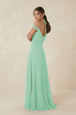 A-Line Off-the-Shoulder Chiffon Bridesmaid Dress in Pale Pistachio - KISS BRIDAL BRIDESMAID DRESSES