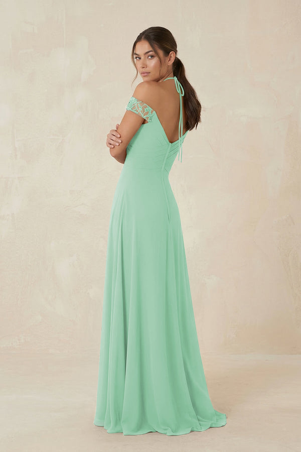 A-Line Off-the-Shoulder Chiffon Bridesmaid Dress in Pale Pistachio - KISS BRIDAL BRIDESMAID DRESSES