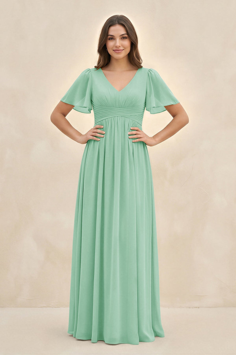 Short Sleeve Chiffon V-Neck A-Line Bridesmaid Dress in Pale Pistachio - KISS BRIDAL BRIDESMAID DRESSES